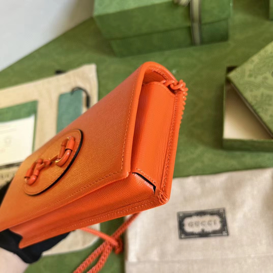 Gucci GG Women Horsebit 1955 Wallet Chain Orange Leather Orange Brass Hardware (2)