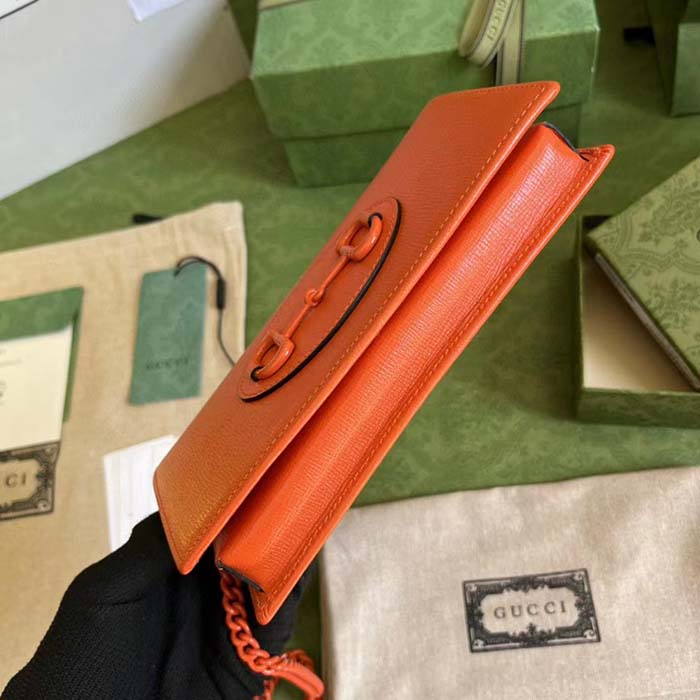 Gucci GG Women Horsebit 1955 Wallet Chain Orange Leather Orange Brass Hardware (5)