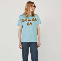 Gucci Women GG HA HA HA Cherry T-Shirt Light Blue Medium Cotton Jersey Crewneck (6)