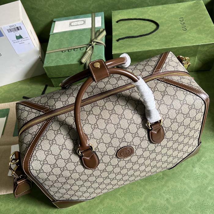 Gucci Unisex Duffle Bag Interlocking G Beige Ebony GG Supreme Canvas Leather (2)