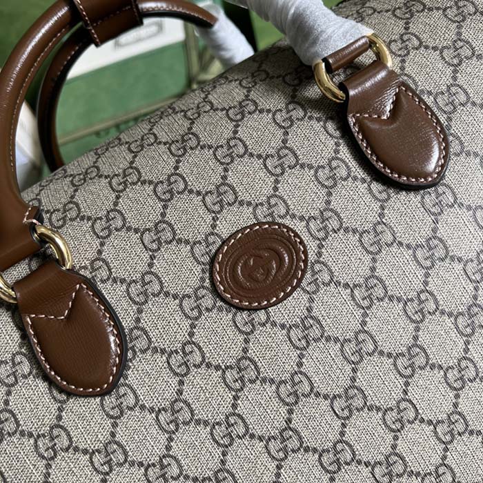 Gucci Unisex Duffle Bag Interlocking G Beige Ebony GG Supreme Canvas Leather (4)