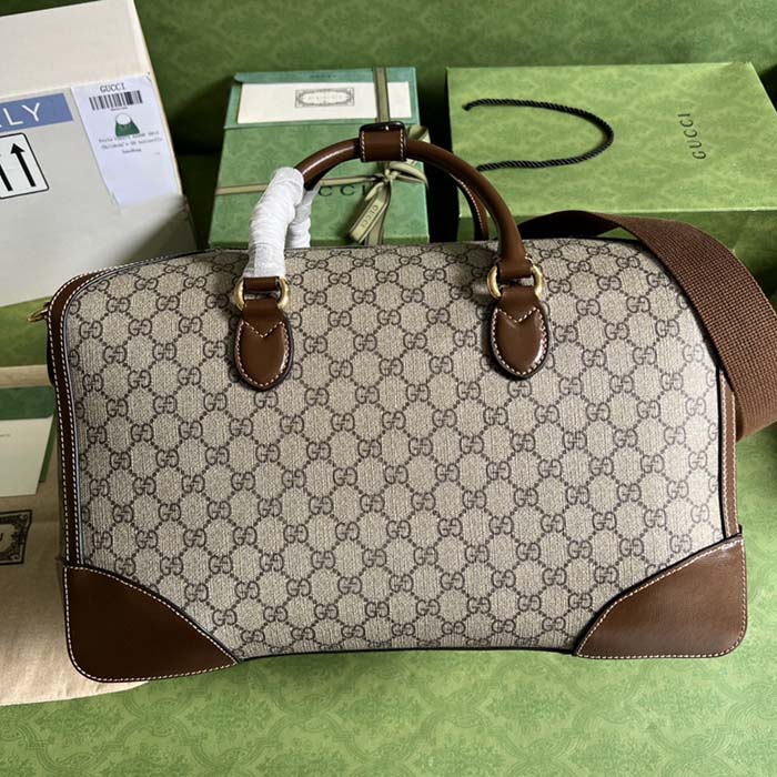 Gucci Unisex Duffle Bag Interlocking G Beige Ebony GG Supreme Canvas Leather (6)