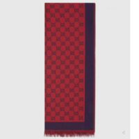 Gucci Unisex GG Jacquard Cotton Stole Red Blue Fringe