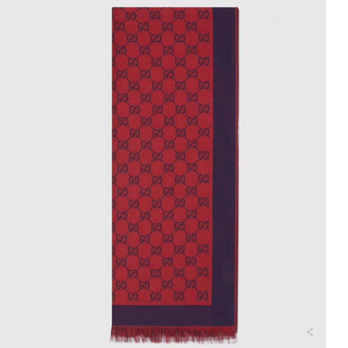 Gucci Unisex GG Jacquard Cotton Stole Red Blue Fringe