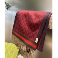 Gucci Unisex GG Jacquard Cotton Stole Red Blue Fringe (2)