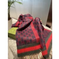 Gucci Unisex GG Jacquard Cotton Stole Red Blue Fringe (2)