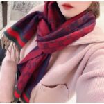 Gucci Unisex GG Jacquard Cotton Stole Red Blue Fringe - Image 9