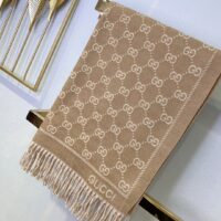 Gucci Unisex GG Jacquard Knitted Scarf Light Brown Fringe Edges (7)