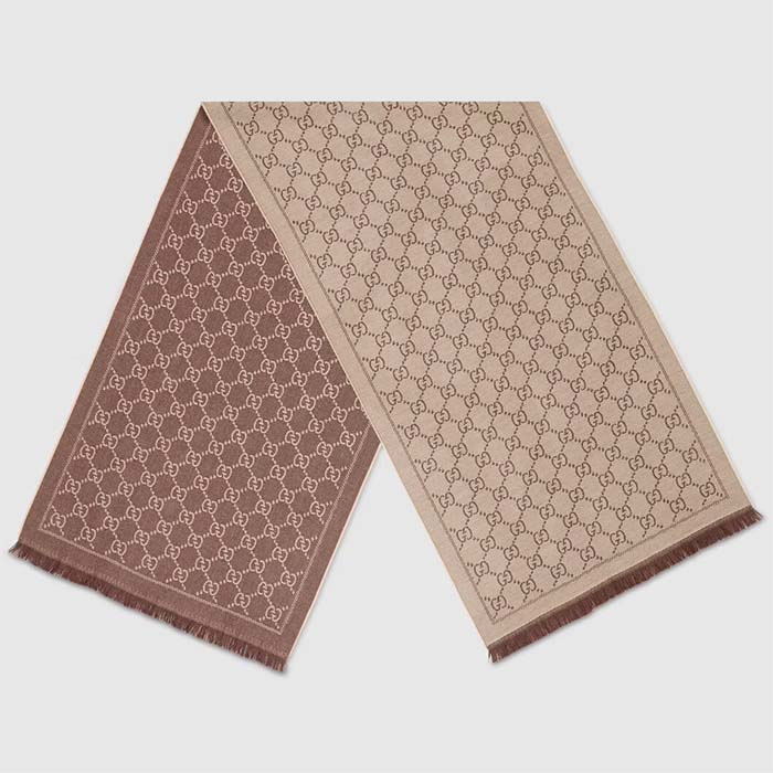 Gucci Unisex GG Jacquard Knitted Scarf Light Brown Fringe Edges (7)