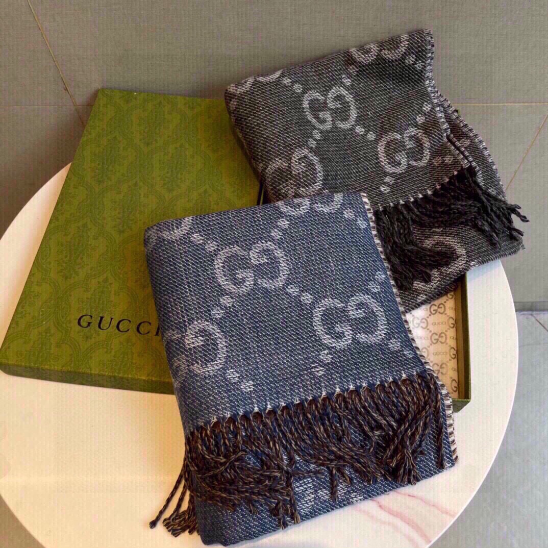 Gucci Unisex GG Jcquard Pattern Knit Scarf Tassels Grey Wool Light Grey GG (6)