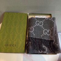 Gucci Unisex GG Jcquard Pattern Knit Scarf Tassels Grey Wool Light Grey GG (1)