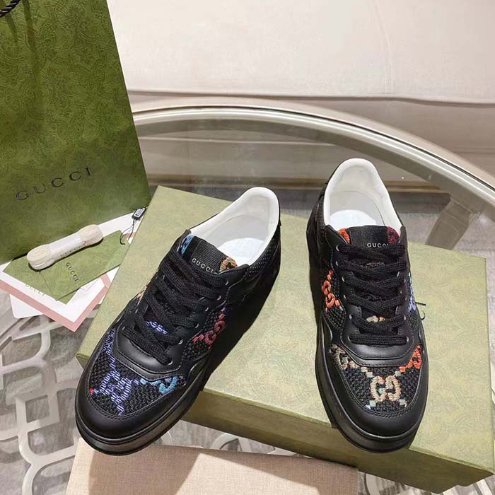 Gucci Unisex GG Sneaker Black Leather Multicolor GG Fabric Mid Heel 5.6 Cm Heel (1)