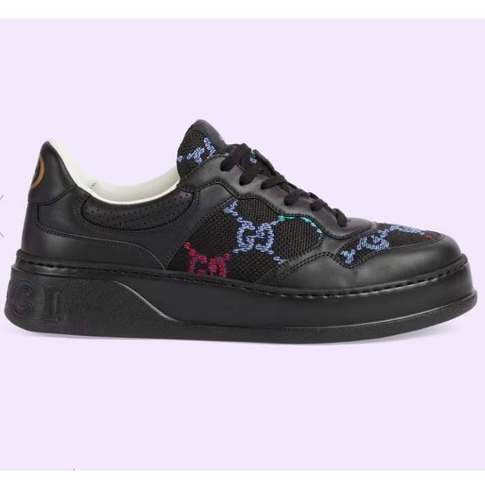Gucci Unisex GG Sneaker Black Leather Multicolor GG Fabric Mid Heel 5.6 Cm Heel