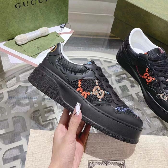 Gucci Unisex GG Sneaker Black Leather Multicolor GG Fabric Mid Heel 5.6 Cm Heel (2)