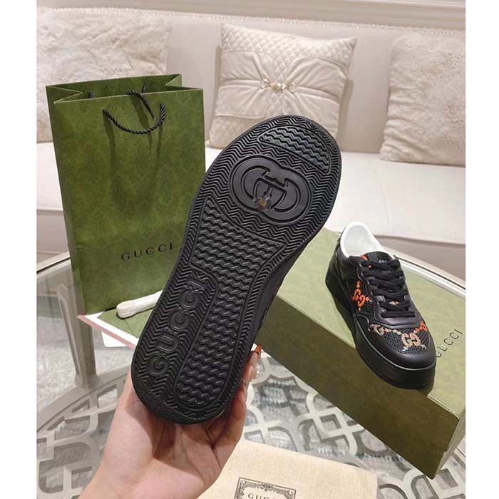 Gucci Unisex GG Sneaker Black Leather Multicolor GG Fabric Mid Heel 5.6 Cm Heel (4)