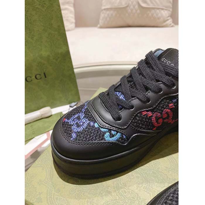 Gucci Unisex GG Sneaker Black Leather Multicolor GG Fabric Mid Heel 5.6 Cm Heel (5)