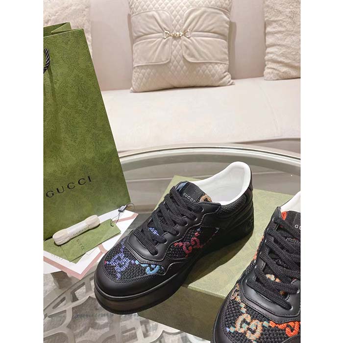 Gucci Unisex GG Sneaker Black Leather Multicolor GG Fabric Mid Heel 5.6 Cm Heel (7)