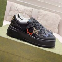 Gucci Unisex GG Sneaker Black Leather Multicolor GG Fabric Mid Heel 5.6 Cm Heel (10)