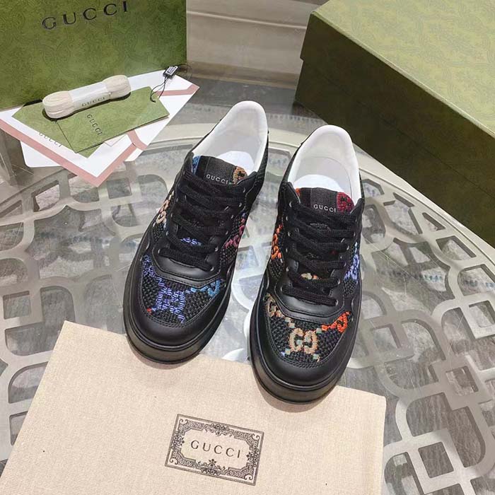 Gucci Unisex GG Sneaker Black Leather Multicolor GG Fabric Mid Heel 5.6 Cm Heel (9)