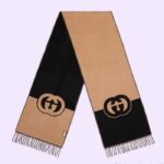 Gucci Unisex GG Wool Interlocking G Scarf Pink Black Wool Fringe Trim