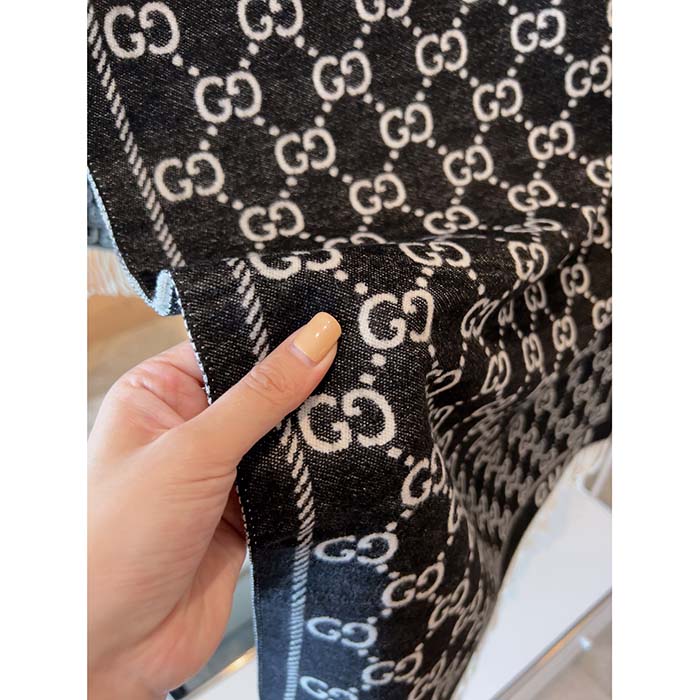 Gucci Unisex GG Wool Scarf Ivory Mini GG Black Tassel Detail (8)