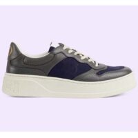 Gucci Unisex Lace-Up Sneaker Grey Leather Blue Black GG Canvas Mid 5.6 Cm Heel (5)