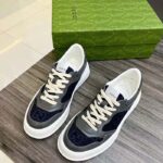 Gucci Unisex Lace-Up Sneaker Grey Leather Blue Black GG Canvas Mid 5.6 Cm Heel – Image 3