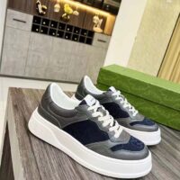 Gucci Unisex Lace-Up Sneaker Grey Leather Blue Black GG Canvas Mid 5.6 Cm Heel (5)