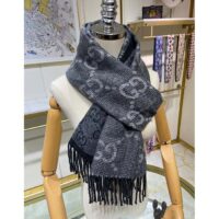 Gucci Unisex GG Jcquard Pattern Knit Scarf Tassels Grey Wool Light Grey GG (1)