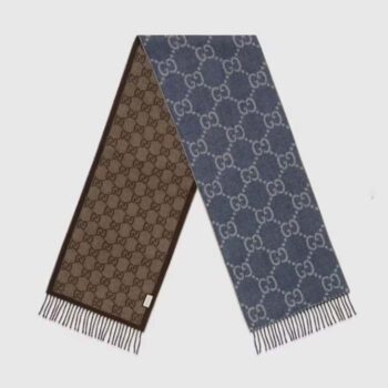Gucci Unisex Original GG Jacquard Knit Scarf Tassels Navy Light Brown Organic Wool