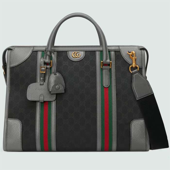 Gucci Unsiex Bauletto Large Duffle Bag Black Original GG Canvas Double G