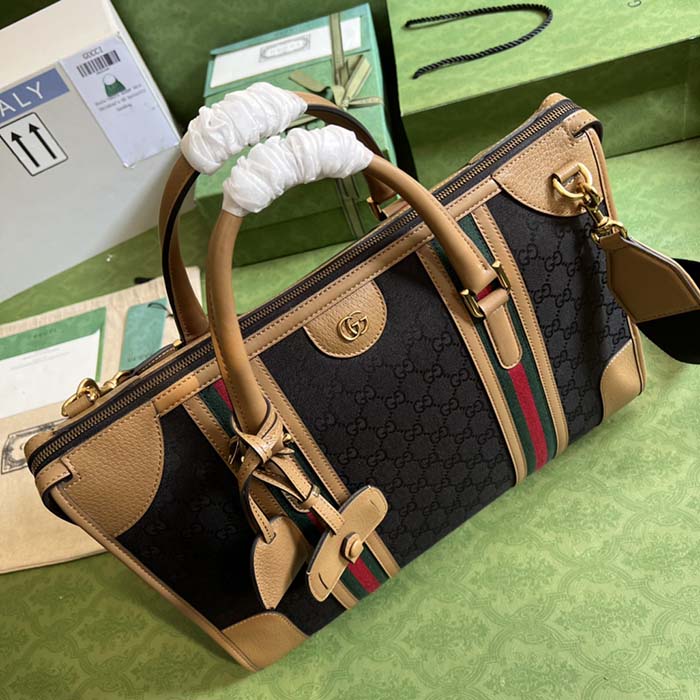 Gucci Unsiex Bauletto Large Duffle Bag Brown Original GG Canvas Double G (5)