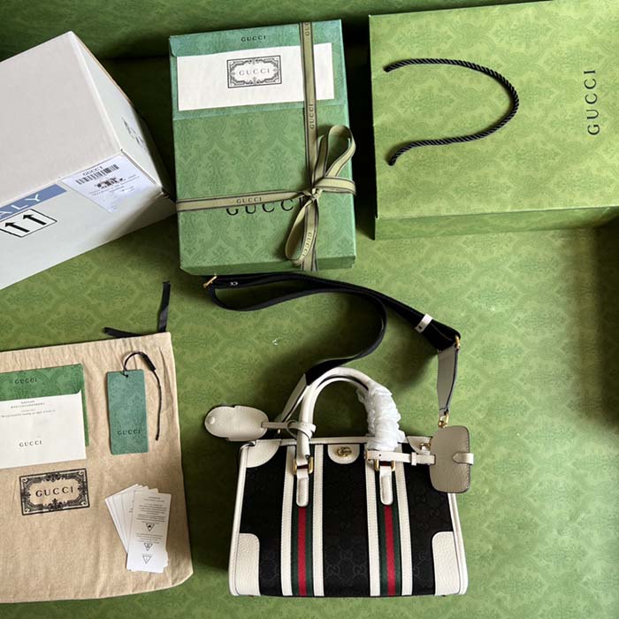 Gucci Unsiex GG Bauletto Small Top Handle Bag Black White Original GG Canvas (6)