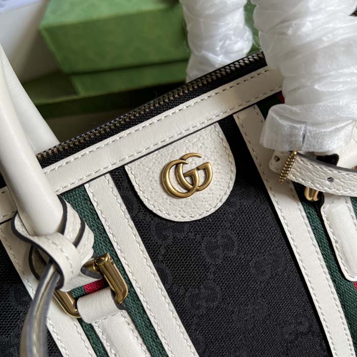 Gucci Unsiex GG Bauletto Small Top Handle Bag Black White Original GG Canvas (8)