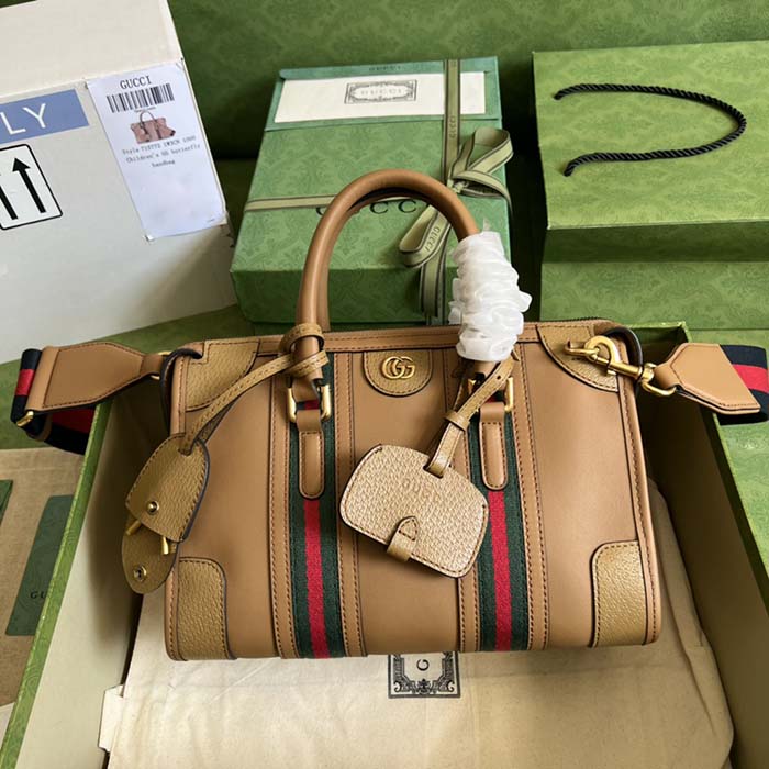 Gucci Unsiex GG Bauletto Small Top Handle Bag Light Brown Smooth Leather (6)