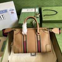 Gucci Unsiex GG Bauletto Small Top Handle Bag Light Brown Smooth Leather (3)