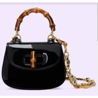 Gucci Women Bamboo 1947 Mini Top Handle Bag Black Patent Leather (1)