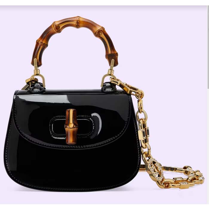 Gucci Women Bamboo 1947 Mini Top Handle Bag Black Patent Leather