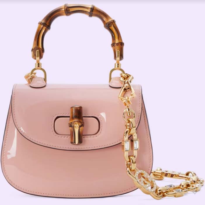 Gucci Women Bamboo 1947 Mini Top Handle Bag Light Pink Patent Leather
