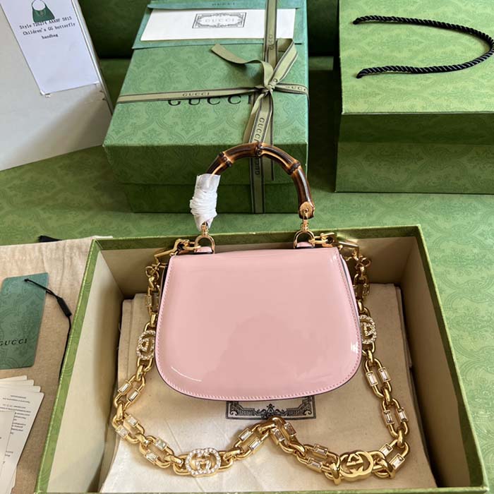 Gucci Women Bamboo 1947 Mini Top Handle Bag Light Pink Patent Leather (6)