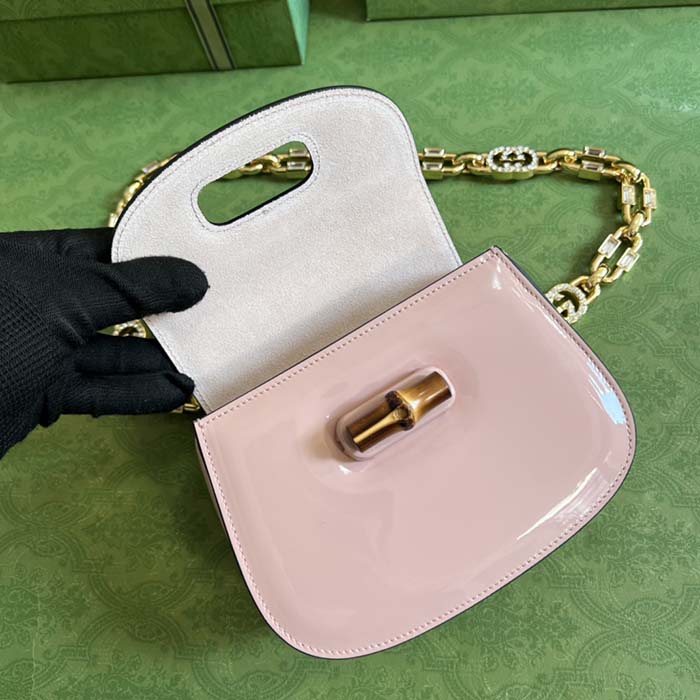 Gucci Women Bamboo 1947 Mini Top Handle Bag Light Pink Patent Leather (8)