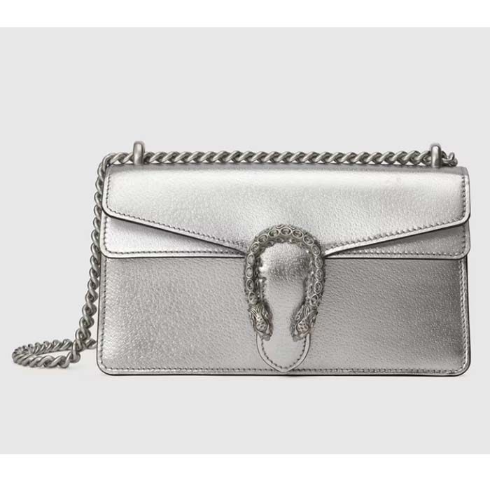 Gucci Women Dionysus Small Shoulder Bag Silver Lamé Leather Tiger Head