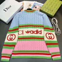 Gucci Women GG Adidas x Gucci Wool Cardigan Pink Blue Cable Stitch V-Neck (4)