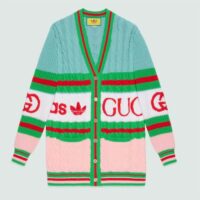 Gucci Women GG Adidas x Gucci Wool Cardigan Pink Blue Cable Stitch V-Neck (4)