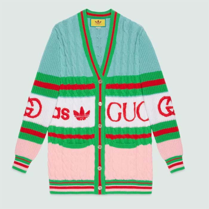 Gucci Women GG Adidas x Gucci Wool Cardigan Pink Blue Cable Stitch V-Neck