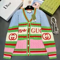 Gucci Women GG Adidas x Gucci Wool Cardigan Pink Blue Cable Stitch V-Neck (4)