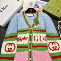 Gucci Women GG Adidas x Gucci Wool Cardigan Pink Blue Cable Stitch V-Neck (4)