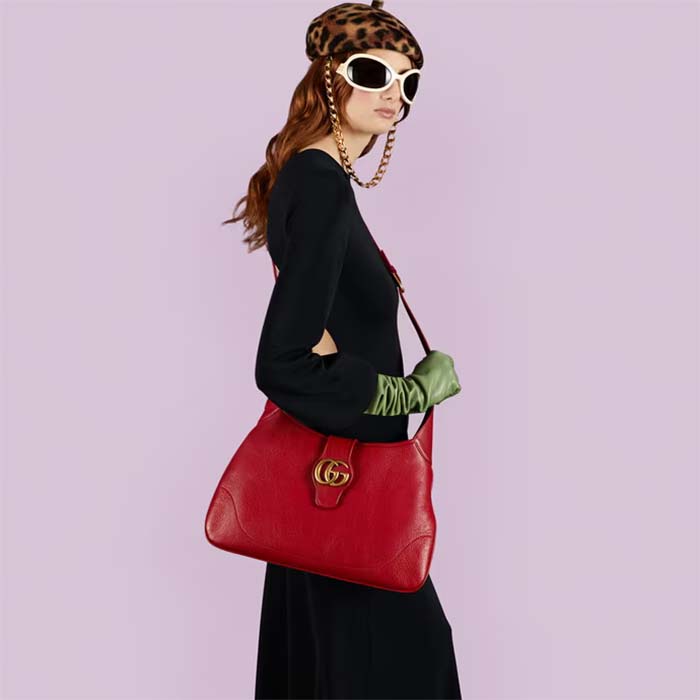 Gucci Women GG Aphrodite Medium Shoulder Bag Red Soft Leather Double G (4)