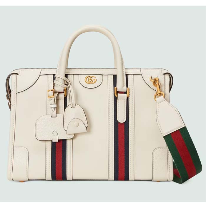 Gucci Women GG Bauletto Medium Top Handle Bag White Leather Double G