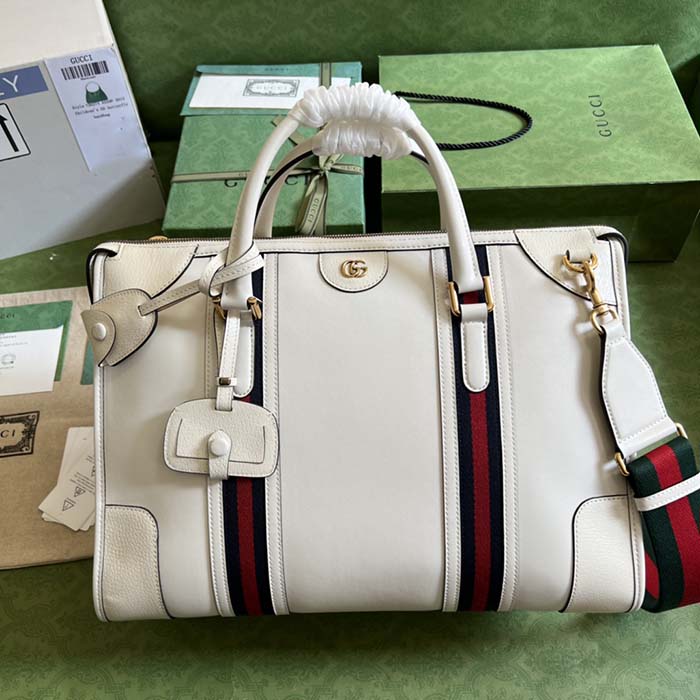 Gucci Women GG Bauletto Medium Top Handle Bag White Leather Double G (4)